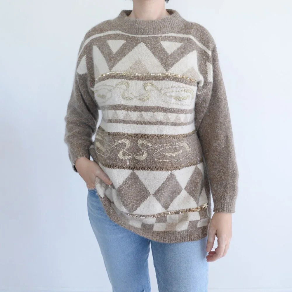 Vintage Principles Cream 3D Beaded Floral Silk Wool Blend Knit Sweater L